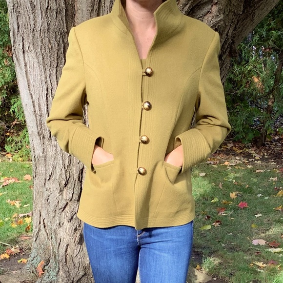 Olive green wool blend Fall coat - Picture 4 of 8